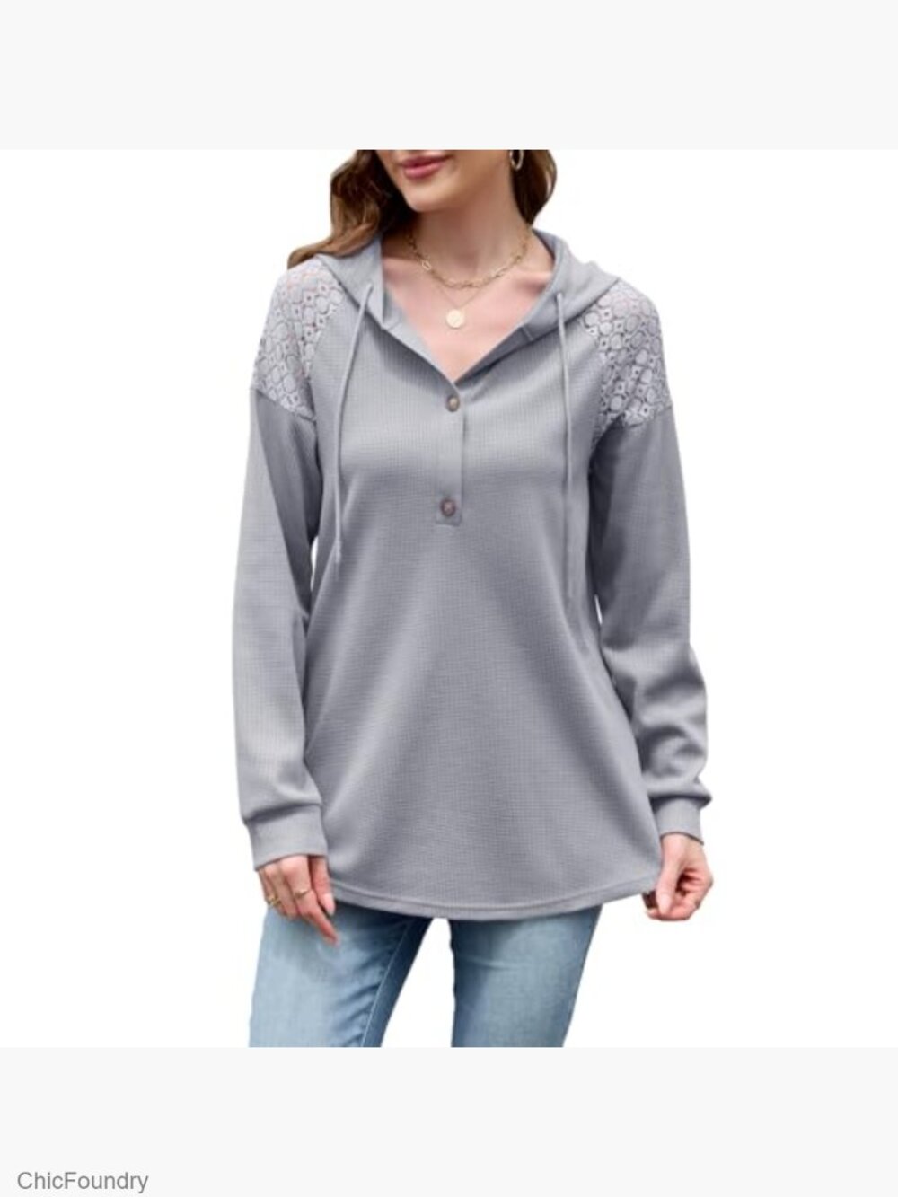 Waffle Knit Hoodie Oversized Pullover Lace Sleeve Casual Sweatshirt - Picture 4 of 7